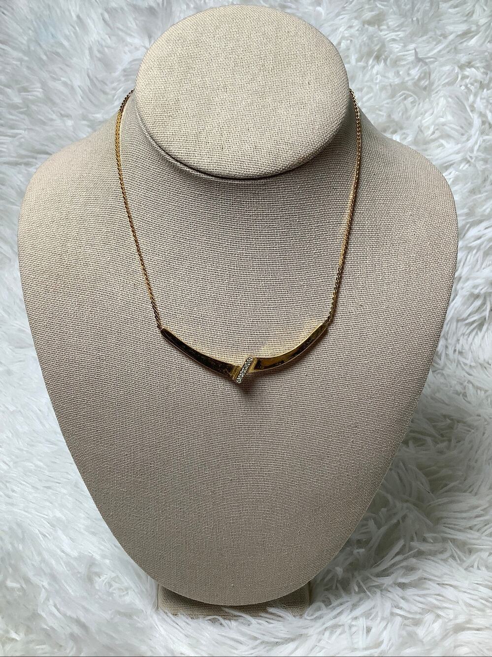 Trifari Gold Tone Rhinestone Curved Bar Choker Necklace Modernist Vintage A5-37